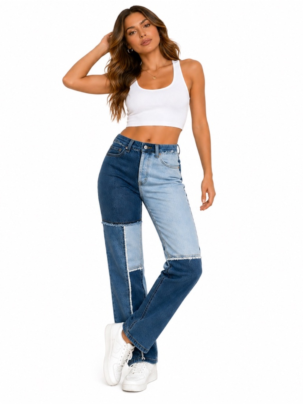 Vintage-Inspired Patchwork Denim Jeans High Rise Straight Leg Colorblock Trend - Picture 4 of 7